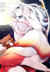 Rule 34 | absurdres, artemis (fate), barefoot, bear, blue eyes, breasts, chinese text, eating, fate/grand order, fate (series), feet, hard-translated, hard-translated (non-english), highres, large breasts, long hair, looking at viewer, moon, moonlight, night, night sky, non-web source, orion (bear) (fate), ruton-niki, scan, sky, smile, soles, star (sky), starry sky, third-party edit, toes, white hair