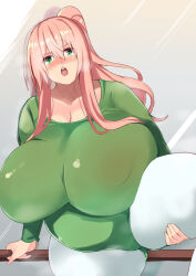 Rule 34 | 1girl, big belly, body heat, breasts, cup-chan, fat, green eyes, highres, holding, huge breasts, leg up, leggings, leotard, long hair, long sleeves, looking at viewer, mirror, original, pink hair, plump, ponytail, railing, steam, steaming body, sweat, thick thighs, thighs, white leggings, wide hips