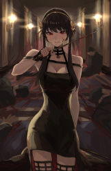 Rule 34 | 1girl, absurdres, black dress, black gloves, black hair, blood, blood on arm, blood on face, bloody weapon, boots, corpse, cowboy shot, dagger, dress, dual wielding, earrings, fingerless gloves, gloves, gold earrings, gold hairband, hairband, hallway, highres, holding, holding dagger, holding knife, holding weapon, indoors, jewelry, knife, mou (piooooon), red eyes, sidelocks, sleeveless, sleeveless dress, spy x family, standing, stiletto (weapon), thigh boots, thighhighs, two-sided dress, two-sided fabric, weapon, yor briar