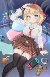 Rule 34 | 1girl, arm support, black thighhighs, blonde hair, blue eyes, blush, breasts, brown skirt, bubba (watson amelia), city lights, collar, collarbone, collared shirt, cup, cushion, dog, drinking straw, folder, from above, hand on own head, highres, hololive, hololive english, iced tea, kawaiipony2, light rays, long sleeves, looking at viewer, magnifying glass, medium breasts, medium hair, monocle, necktie, night, paper, plaid, plaid skirt, pleated skirt, red necktie, shirt, sidelocks, sitting, skirt, smile, solo, syringe, tea, thighhighs, virtual youtuber, watson amelia, watson amelia (1st costume), white collar, white shirt, window