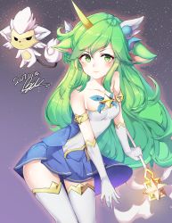 Rule 34 | 1girl, absurdres, alternate breast size, alternate costume, alternate eye color, alternate hair color, alternate hairstyle, dated, familiar, gloves, green hair, highres, horns, league of legends, long hair, magical girl, pointy ears, single horn, solo, soraka (league of legends), standing, star guardian (league of legends), star guardian soraka, thighhighs, very long hair, white gloves, white thighhighs