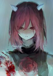 Rule 34 | 1girl, amputee, aqua background, artist name, black vest, blood, blood on face, closed mouth, flower, hair between eyes, highres, horns, ibaraki douji (touhou), kn001215, light frown, looking to the side, pink hair, rain, red eyes, red flower, red rose, rose, short hair, simple background, solo, touhou, twitter username, upper body, vest, water drop, wet, wet hair