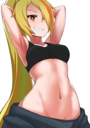 Rule 34 | 10s, 1girl, armpits, arms behind head, blonde hair, breasts, green hair, grin, hair over one eye, high ponytail, highres, long hair, looking at viewer, medium breasts, multicolored hair, navel, nikaidou saki, orange eyes, orange hair, ponytail, shi shi ji, simple background, smile, solo, sports bra, stomach, streaked hair, very long hair, white background, zombie land saga