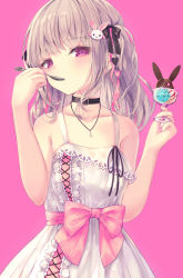 Rule 34 | 1girl, animal, black bow, black collar, black ribbon, blonde hair, blush, bow, chocolate, collar, collarbone, dress, eating, food, hair ornament, hairclip, hands up, heart, heart necklace, highres, ice cream, ice cream cup, jewelry, looking at viewer, missile228, nail polish, necklace, original, pink background, pink bow, pink eyes, pink heart, pink nails, rabbit, ribbon, ribbon-trimmed dress, simple background, solo, spoon, twintails, utensil in mouth