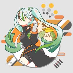 Rule 34 | 1girl, black jacket, black shorts, blue hair, breasts, creatures (company), crossover, fighting miku (project voltage), game freak, gen 8 pokemon, gloves, gradient hair, green eyes, green hair, grey background, hair between eyes, hand up, hatsune miku, jacket, multicolored hair, necktie, nintendo, orange hair, parted lips, pokemon, project voltage, saihate (d3), short shorts, shorts, signature, sirfetch&#039;d, small breasts, smile, solo, streaked hair, twintails, vocaloid, white gloves, white necktie