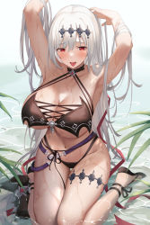 Rule 34 | 1girl, :p, armpits, arms up, bikini, black bikini, black footwear, blush, breasts, cleavage, dark jeanne, derivative work, granblue fantasy, grey hair, highres, jeanne d&#039;arc (granblue fantasy), jeanne d&#039;arc (summer) (granblue fantasy), kneeling, large breasts, long hair, looking at viewer, navel, parted lips, partially submerged, red eyes, solo, suzuame yatsumi, swimsuit, thigh strap, thighs, tongue, tongue out, water, wet