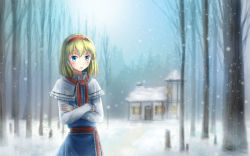 Rule 34 | 1girl, aihashi i, alice margatroid, bad id, bad pixiv id, blonde hair, blue eyes, blush, capelet, crossed arms, dress, forest, house, looking at viewer, nature, scenery, snow, touhou