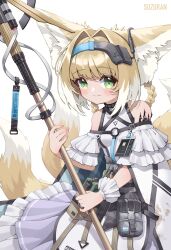Rule 34 | 1girl, absurdres, animal ears, arknights, bare shoulders, blush, braid, braided hair rings, character name, closed mouth, fox ears, fox girl, fox tail, green eyes, hair rings, highres, holding, holding staff, infection monitor (arknights), kitsune, kyuubi, looking at viewer, material growth, multiple tails, oripathy lesion (arknights), pouch, revision, simple background, smile, solo, staff, standing, suzuran (arknights), tail, twin braids, white background, zhengqi zhizi sg