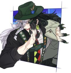 Rule 34 | 1boy, argyle, argyle clothes, argyle shirt, ashiya douman (second ascension) (fate), ashiya douman (tour outfit) (fate), black hair, coat, coat on shoulders, cropped torso, curly hair, earrings, fate/grand order, fate/grand order arcade, fate (series), fedora, hair between eyes, half-closed eyes, hand up, hat, jewelry, large hands, long hair, long sleeves, magatama, magatama earrings, male focus, multicolored hair, official alternate costume, parted bangs, plm233, solo, two-tone hair, two-tone shirt, very long hair, whispering, white hair