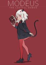 Rule 34 | 1girl, aged down, black dress, black footwear, black horns, blush, blvefo9, book, closed mouth, demon girl, demon horns, demon tail, dress, full body, heart, heart-shaped pupils, helltaker, high heels, highres, holding, holding book, horns, long sleeves, looking at viewer, modeus (helltaker), pantyhose, red background, red eyes, red pantyhose, red theme, short hair, simple background, sleeves past wrists, solo, standing, symbol-shaped pupils, tail, wavy mouth, white hair
