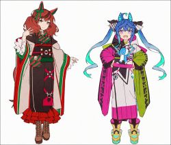 Rule 34 | 2girls, adapted costume, ahoge, animal ears, blue eyes, blue hair, boots, bow, bowtie, brown eyes, brown footwear, brown hair, brown kimono, closed mouth, cross-laced footwear, ear covers, full body, hakusai (tiahszld), hand up, hands up, heterochromia, hood, hooded kimono, hoodie, horse ears, japanese clothes, kimono, lace-up boots, long hair, long sleeves, looking at viewer, multicolored hair, multiple girls, nice nature (umamusume), obi, open mouth, outstretched arm, purple eyes, sash, sharp teeth, smile, streaked hair, stuffed animal, stuffed rabbit, stuffed toy, teeth, twin turbo (umamusume), twintails, umamusume, upper teeth only, wide sleeves, yellow footwear