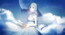 Rule 34 | 1girl, alternate hairstyle, bad id, bad pixiv id, blue eyes, blue hair, blue sky, breasts, character request, cleavage, clothes lift, cloud, cloudy sky, collarbone, dress, dress lift, floating hair, full moon, fumio (kanmi), hair down, hands up, key, large breasts, long hair, looking at viewer, moon, outdoors, parted lips, rain, sky, smile, solo, sundress, teeth, vocaloid, white dress, wind, wind lift