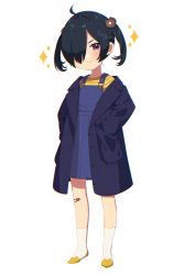 Rule 34 | 1girl, ahoge, bandaid, bandaid on knee, bandaid on leg, bear hair ornament, black hair, black jacket, blush, closed mouth, commentary request, full body, hair ornament, hair over one eye, highres, jacket, looking at viewer, mamyouda, no shoes, off shoulder, open clothes, open jacket, orange shirt, original, overall skirt, red eyes, shirt, short hair, signature, simple background, smile, socks, solo, sparkle, standing, striped clothes, striped shirt, twintails, white background, white socks