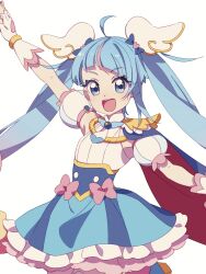 Rule 34 | 1girl, ahoge, blue eyes, blue hair, bow, cape, commentary request, cure sky, detached sleeves, highres, hirogaru sky! precure, long hair, magical girl, open mouth, pink bow, precure, qianxia yell, single sidelock, smile, solo, sora harewataru, twintails, two-sided cape, two-sided fabric, very long hair, wing hair ornament