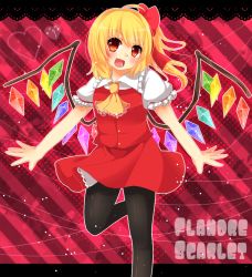 Rule 34 | 1girl, :d, ascot, black pantyhose, blonde hair, bow, embodiment of scarlet devil, fang, female focus, flandre scarlet, hair bow, hair ribbon, head tilt, heart, no headwear, open mouth, pantyhose, red background, red eyes, ribbon, side ponytail, skirt, skirt set, smile, solo, striped, striped background, touhou, wings, yuria (kittyluv)