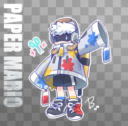 Rule 34 | 1boy, backpack, bag, beco (100me), black footwear, checkered background, copyright name, full body, grey jacket, headphones, highres, huey (paper mario), jacket, male focus, mario (series), nintendo, no mouth, one eye closed, outline, oversized clothes, paint splatter, paper mario, paper mario: color splash, personification, scissors, shoes, shorts, single vertical stripe, sneakers, solo, tag, white hair, white outline