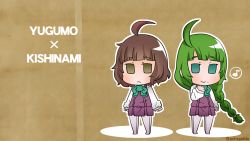 Rule 34 | 2girls, ahoge, blush, bow, braid, brown background, brown eyes, brown hair, character name, chibi, closed mouth, dress, green background, green bow, green eyes, green hair, gurageida, highres, kantai collection, kishinami (kancolle), long hair, long sleeves, looking at viewer, mole, multiple girls, no shoes, outline, pantyhose, pleated dress, purple dress, purple legwear, shirt, single braid, sleeveless, sleeveless dress, sleeves past wrists, smile, standing, very long hair, white outline, white shirt, yuugumo (kancolle)
