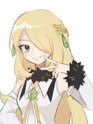 1girl blonde_hair closed_mouth collared_shirt creatures_(company) cynthia_(arc_suit)_(pokemon) cynthia_(pokemon) detached_sleeves eyelashes fur-trimmed_sleeves fur_collar fur_trim game_freak gem green_gemstone grey_eyes hair_ornament hair_over_one_eye hand_up highres long_hair nintendo official_alternate_costume pokemon pokemon_masters_ex seonghak80 shirt smile solo upper_body v white_shirt white_sleeves