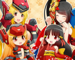 Rule 34 | 4girls, alternate form, bare shoulders, bell, black hair, blonde hair, blush, blush stickers, breasts, chibi, choker, cleavage, cosmic break, crim-chan, crimrose, closed eyes, gradient hair, hair ornament, happy, japanese clothes, kimono, lipstick, long hair, makeup, mecha musume, mole, multicolored hair, multiple girls, official art, open mouth, ouka (cosmic break), ouka kamuro, ouka tayu, paw pose, red eyes, seraph crimrose, side ponytail, smile, wakaba sprout