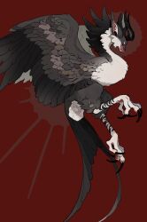 Rule 34 | absurdres, animal ears, animal focus, bird tail, bird wings, black horns, bul (moiko), claws, feathered wings, from side, full body, highres, horns, monster, no humans, original, pink eyes, profile, red background, simple background, solo, tail, talons, wings