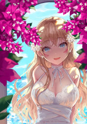 Rule 34 | 1girl, :d, bare shoulders, blonde hair, blue eyes, blue sky, bougainvillea (flower), breasts, choker, cleavage, commentary request, day, dress, earrings, facial mark, flower, flower earrings, hair flower, hair ornament, highres, jewelry, large breasts, long hair, looking at viewer, ocean, okuma mai, open mouth, original, sky, sleeveless, sleeveless dress, smile, solo, sparkle, sundress, upper body, white dress