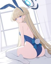 Rule 34 | 1girl, absurdres, animal ears, ass, blonde hair, blue archive, blue eyes, blue hair, blue halo, blue leotard, blush, braid, breasts, fake animal ears, fake tail, halo, highres, indoors, jyt, leotard, long hair, medium breasts, multicolored hair, official alternate costume, parted lips, rabbit ears, rabbit tail, sitting, solo, strapless, strapless leotard, streaked hair, tail, thighhighs, toki (blue archive), toki (bunny) (blue archive), white thighhighs