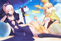 Rule 34 | 2girls, :q, artoria pendragon (alter swimsuit rider) (fate), artoria pendragon (alter swimsuit rider) (third ascension) (fate), artoria pendragon (fate), artoria pendragon (swimsuit archer) (fate), artoria pendragon (swimsuit archer) (third ascension) (fate), ball, beach, beach umbrella, beachball, black gloves, blonde hair, blue dress, blue legwear, bow, braid, breasts, cape, cleavage, clothing cutout, cloud, coat, competition swimsuit, covered erect nipples, crown, day, dress, excalibur (fate/stay night), excalibur morgan (fate), fate/grand order, fate (series), french braid, fur-trimmed cape, fur trim, gloves, gogatsu fukuin, green eyes, hair between eyes, highleg, highleg swimsuit, highres, jacket, jacket on shoulders, medium breasts, multiple girls, navel, navel cutout, one-piece swimsuit, planted, planted sword, planted weapon, sand, short hair, smile, swimsuit, sword, thigh bow, thighhighs, tiara, tongue, tongue out, umbrella, water gun, weapon, white one-piece swimsuit, yellow eyes