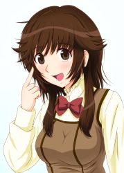 Rule 34 | 1girl, amagami, bow, brown eyes, brown hair, cosplay, diesel-turbo, highres, looking at viewer, maria holic, open mouth, sakurai rihoko, school uniform, shintani ryouko, simple background, solo, upper body, voice actor connection