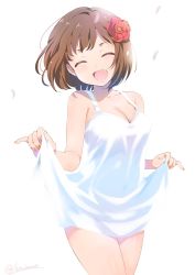 Rule 34 | 10s, 1girl, :d, ^ ^, bare shoulders, blush, breasts, brown hair, cleavage, collarbone, cowboy shot, dress, closed eyes, fang, flower, hair flower, hair ornament, head tilt, highres, idolmaster, idolmaster cinderella girls, inoue sora, looking at viewer, maekawa miku, nail polish, open mouth, pinky out, revision, short dress, short hair, simple background, skirt hold, sleeveless, sleeveless dress, smile, solo, spaghetti strap, sundress, thighs, twitter username, white background, white dress