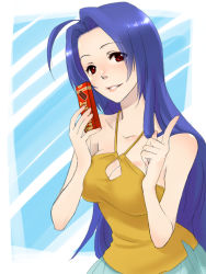 Rule 34 | 1girl, blue hair, breasts, casual, chocolate, ghana (chocolate), halterneck, halterneck, idolmaster, idolmaster (classic), large breasts, long hair, looking at viewer, miura azusa, parted lips, red eyes, solo, very long hair, vuipui