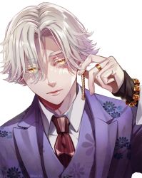 Rule 34 | 1boy, black shirt, blonde hair, bracelet, burn scar, closed mouth, collared shirt, dress shirt, formal, hand up, highres, inui seishu, jacket, jewelry, kaya lily, looking at viewer, male focus, necktie, purple jacket, purple vest, red necktie, ring, scar, scar on face, shirt, short hair, simple background, sleeves past wrists, solo, tokyo revengers, twitter username, upper body, vest, white background, white shirt, yellow eyes