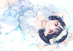 Rule 34 | 1girl, absurdres, angel wings, black hair, blue ribbon, commentary request, dress, flower, flower wreath, fukumaru koito, hair flower, hair ornament, highres, idolmaster, idolmaster shiny colors, jewelry, looking at viewer, lying, medium hair, monon tulle, necklace, on back, purple eyes, ribbon, smile, solo, swept bangs, twintails, white dress, wings, wrist cuffs