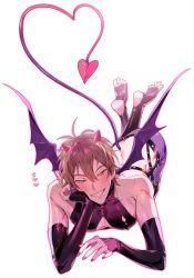 Rule 34 | 1boy, brown eyes, brown hair, demon boy, demon horns, demon tail, demon wings, eiden (nu carnival), grin, highres, horns, looking at viewer, lying, male focus, nail polish, nu carnival, on stomach, revealing clothes, smile, solo, tail, white background, wings, yala1453