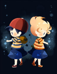Rule 34 | 2boys, back-to-back, backpack, bag, baseball cap, black background, black hair, black shorts, blonde hair, blush, brown bag, from side, hat, hitofutarai, lucas (mother 3), male focus, mother (game), mother 2, mother 3, multiple boys, ness (mother 2), nintendo, outstretched arms, red footwear, red headwear, shirt, short hair, short sleeves, shorts, smile, socks, star (symbol), striped clothes, striped shirt, white socks