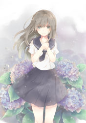 Rule 34 | 1girl, bad id, bad pixiv id, black skirt, blouse, crying, crying with eyes open, flower, green eyes, grey hair, hair between eyes, hands up, hydrangea, long hair, looking at viewer, millcutto, original, outdoors, parted lips, pleated skirt, rain, school uniform, serafuku, shirt, short sleeves, skirt, solo, standing, tears, white shirt