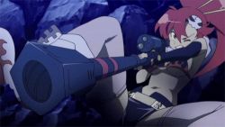 Rule 34 | 00s, 1girl, animated, animated gif, bikini, bikini top only, boots, bouncing breasts, breasts, fingerless gloves, firing, gloves, gun, hair ornament, large breasts, long hair, lowres, one eye closed, ponytail, red hair, rifle, scarf, short shorts, shorts, solo, swimsuit, tengen toppa gurren lagann, thighhighs, underboob, weapon, wince, wink, yellow eyes, yoko littner
