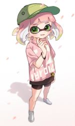 Rule 34 | 1girl, bad id, bad twitter id, baseball cap, bike shorts, bracelet, brown skirt, cherry blossoms, fang, full body, gradient hair, green eyes, green hair, green hat, hand up, hat, inkling, inkling girl, inkling player character, jewelry, legs apart, looking at viewer, maco spl, miniskirt, multicolored hair, nintendo, open mouth, petals, pink hair, pink shirt, shadow, shirt, shoes, short hair, short sleeves, shorts, shorts under skirt, skirt, smile, solo, splatoon (series), splatoon 2, standing, suction cups, tentacle hair, two-tone hair, white footwear