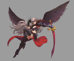 Rule 34 | 1girl, absurdres, armor, armored boots, belt, bikini armor, black thighhighs, black wings, boots, earrings, feathered wings, feathers, full body, gauntlets, grey background, grey hair, highres, jewelry, kkung, long hair, looking at viewer, magic, midriff, navel, original, parted lips, red eyes, shoulder armor, single gauntlet, skirt, solo, sword, thighhighs, thighs, very long hair, weapon, wings