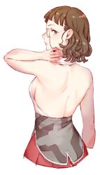 Rule 34 | 1girl, arm at side, arm up, back, backless outfit, bare back, bare shoulders, breasts, brown eyes, brown hair, closed mouth, cropped legs, cross, cross earrings, earrings, eyewear strap, fingernails, from behind, glasses, halterneck, head tilt, highres, jewelry, kantai collection, lips, looking at viewer, looking back, medium breasts, nail polish, pince-nez, profile, red skirt, roma (kancolle), shirt, short hair, simple background, skirt, sleeveless, sleeveless shirt, solo, uyama hajime, wavy hair, white background, white nails