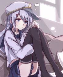 Rule 34 | 10s, 1girl, aqua eyes, berukko, black thighhighs, blue skirt, hair ornament, hairclip, hat, hibiki (kancolle), holding, holding own hair, hugging own legs, jewelry, kantai collection, legs together, long hair, long sleeves, neckerchief, no shoes, pleated skirt, ring, sailor collar, sitting, skirt, solo, thighhighs, verniy (kancolle), wedding band, white hair