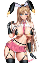 Rule 34 | 1girl, animal ears, bare shoulders, between breasts, bikini, black bikini, black gloves, black thighhighs, blonde hair, blue eyes, breasts, cleavage, clothes lift, collar, covered erect nipples, earrings, garter straps, gloves, jewelry, large breasts, leotard, looking at viewer, mataro (matarou), necktie, necktie between breasts, original, panties, panty peek, pink skirt, playboy bunny, rabbit ears, sample watermark, shiny skin, shirt lift, skindentation, skirt, sleeveless, solo, swimsuit, thick thighs, thigh gap, thigh strap, thighhighs, thighs, underwear, watermark, white panties
