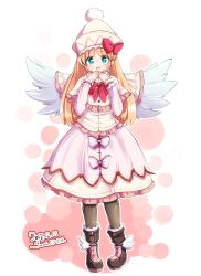 Rule 34 | 1girl, angel wings, black pantyhose, blonde hair, blue eyes, boots, dress, full body, furim, hand to own mouth, hat, highres, lily white, long hair, open mouth, pantyhose, smile, solo, touhou, white dress, wings