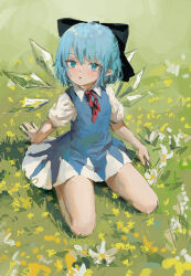 Rule 34 | 1girl, absurdres, arm support, bare legs, black bow, blue dress, blue eyes, blue hair, blush, bow, cirno, dandelion, day, dress, flat chest, flower, from above, full body, grass, hair bow, highres, ice, ice wings, kneeling, looking to the side, looking up, neck ribbon, outdoors, petite, pinafore dress, pointy ears, puffy short sleeves, puffy sleeves, red ribbon, reddizen, ribbon, short hair, short sleeves, sleeveless, sleeveless dress, solo, touhou, wing collar, wings, yellow flower