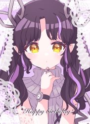 Rule 34 | 1girl, black hair, blush, bow, commentary request, grey sweater, hair bow, happy birthday, highres, jewelry, kino haruc, kojo anna, kojo anna (3rd costume), long hair, looking at viewer, multicolored hair, nanashi inc., official alternate costume, parted bangs, pointy ears, purple hair, ring, sleeveless, sleeveless sweater, solo, sugar lyric, sweater, turtleneck, turtleneck sweater, two-tone hair, two side up, upper body, virtual youtuber, watch, white bow, wristwatch, yellow eyes