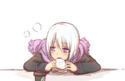 Rule 34 | alternate costume, black coat, blush, coat, coffee, cup, eyebrows visble through hair, food, holding, holding food, hoozuki suigetsu, layered clothes, leaning on object, manju, narrowed eyes, naruto (series), naruto shippuuden, purple scarf, scarf, solo, winter clothes