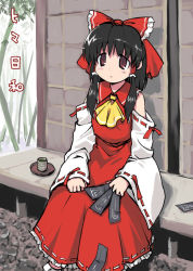 Rule 34 | 1girl, ascot, bow, brown hair, cup, day, detached sleeves, female focus, hair bow, hakurei reimu, japanese clothes, large bow, looking up, miko, ofuda, porch, red eyes, sitting, solo, touhou, veranda, yamai, yellow ascot, yunomi