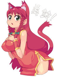 Rule 34 | 1girl, :o, animal ears, braid, breast suppress, breasts, cat ears, cat girl, cat tail, chacha (tyatya), china dress, chinese clothes, cropped legs, dress, extra ears, female focus, green eyes, highres, hong meiling, impossible clothes, impossible shirt, kemonomimi mode, large breasts, long hair, no headwear, no headwear, no panties, red hair, shirt, side slit, solo, tail, touhou, twin braids, tyatya