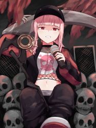 Rule 34 | 1girl, absurdres, baseball cap, between thighs, fishnet top, fishnets, hat, highres, holding, holding microphone, holding scythe, hololive, hololive english, jacket, jewelry, looking at viewer, microphone, midriff, mori calliope, mori calliope (streetwear), nail polish, namiorii, navel, necklace, official alternate costume, pants, pink hair, red eyes, scythe, see-through, sitting, skull, smile, solo, speaker, virtual youtuber