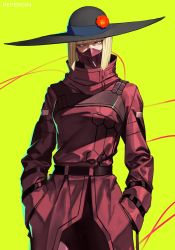 Rule 34 | 1girl, absurdres, artist name, belt, black hat, blonde hair, blunt bangs, blunt ends, bob cut, bright pupils, cigarette, coat, commentary, covered mouth, cowboy shot, cyberpunk (series), cyberpunk edgerunners, flower, green background, hands in pockets, hat, hat flower, high collar, highres, kiwi (cyberpunk), long sleeves, looking at viewer, mask, mouth mask, peperon (peperou), pink eyes, red coat, red flower, short hair, simple background, solo, standing, sun hat, uneven eyes, white pupils, yellow background