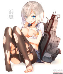 Rule 34 | 10s, 1girl, barefoot, black pantyhose, blue eyes, blush, breasts, covering privates, covering breasts, feet, gloves, hair ornament, hair over one eye, hairclip, hamakaze (kancolle), kantai collection, large breasts, looking at viewer, panties, panties under pantyhose, pantyhose, personification, school uniform, serafuku, short hair, silver hair, solo, toes, torn clothes, torn pantyhose, twitter username, underwear, white panties, yadapot
